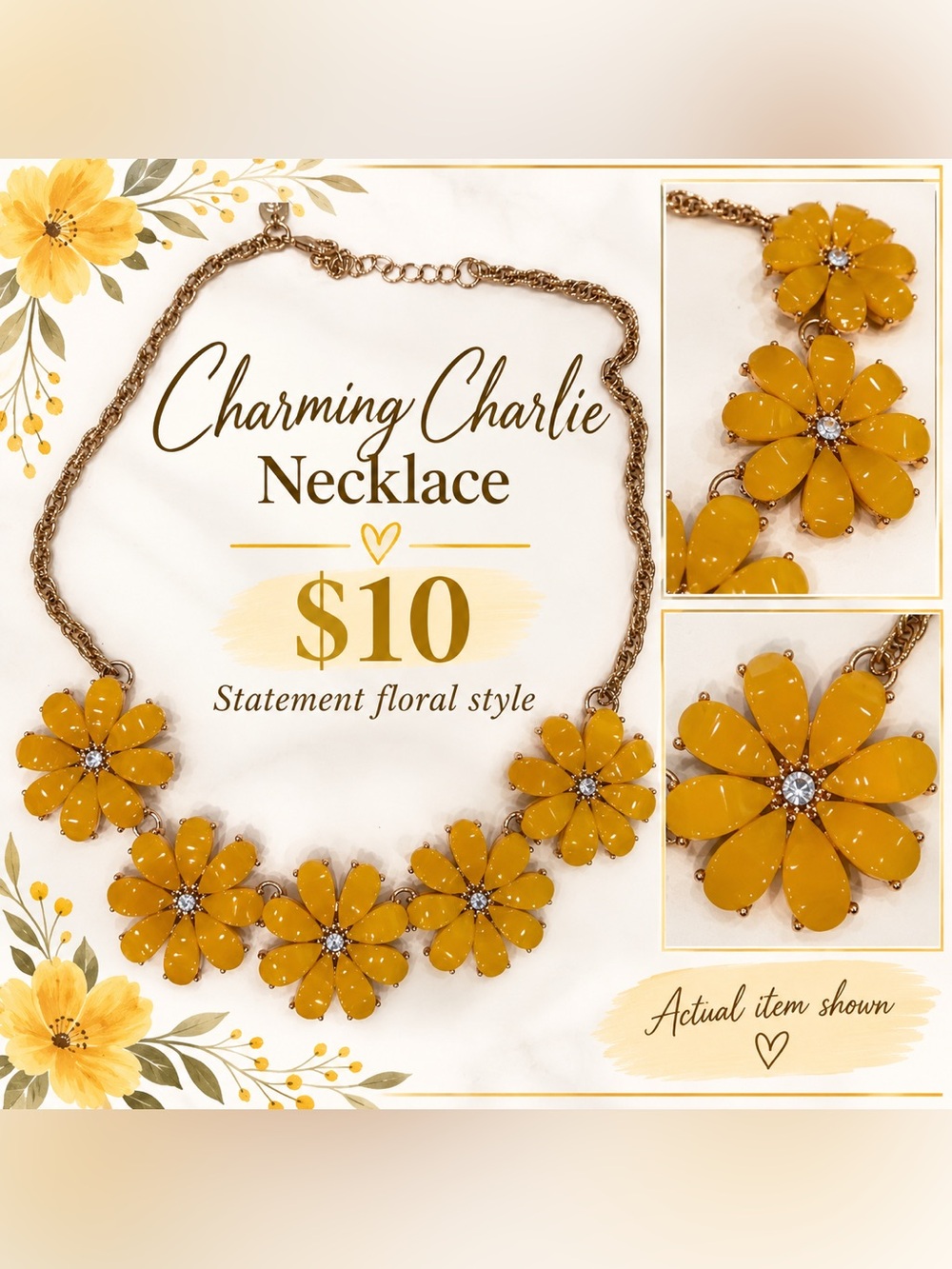 Charming Charlie Yellow Enamel Daisy Flower Bib Statement Necklace Gold